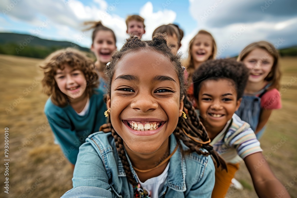 Portrait of smiling african american girl with friends on background Portrait of smiling african american girl with friends on background