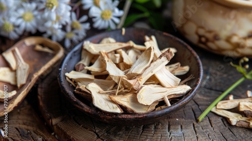 Peony root used in chinese herbal medicine in kitchen. Bai shao. Paeonia lactiflora. photo