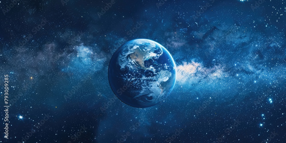 Obraz premium A minimalistic design of Earth surrounded by stars and a crescent moon. 