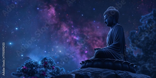 Serene Buddha statue under a starry night sky