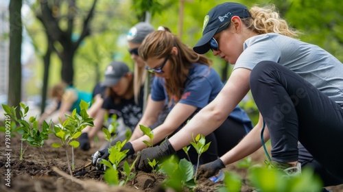 Fototapeta Naklejka Na Ścianę i Meble -  A group of volunteers planting trees in a city park, revitalizing urban green spaces