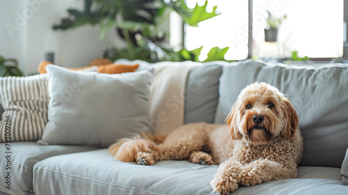 Family living room with a fluffy dog lying contentedly on a sectional sofa, the center of attention in a cozy, family-friendly setting.