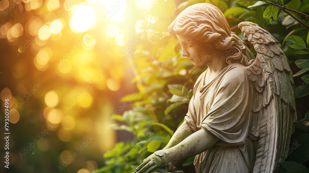 Guardian angel sculpture in a serene garden, symbolizing watchfulness and spiritual protection, set against a backdrop of green foliage and soft sunlight.