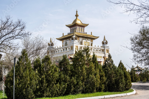 Buddhist temples and symbols of the capital of Kalmykia Elista on a sunny spring day