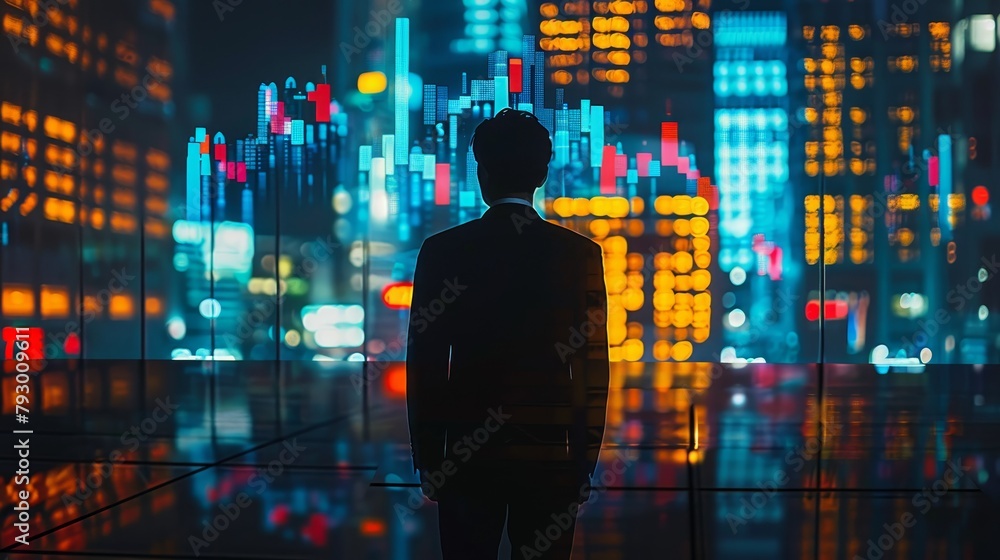 A solitary businessman stands against a vibrant, illuminated cityscape at night, contemplating the urban scene.
