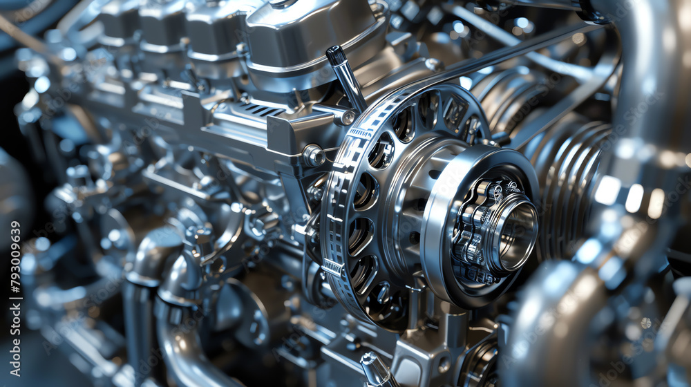 High-resolution 3D render of a car engine, components separated slightly to showcase the intricate internal mechanics and design precision.