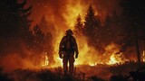 A solitary firefighter faces an intense wildfire, with the night sky illuminated by the fierce blaze in a forest.