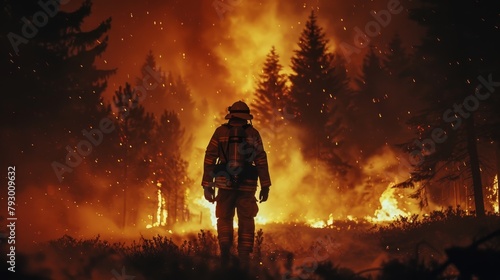 A solitary firefighter faces an intense wildfire, with the night sky illuminated by the fierce blaze in a forest.