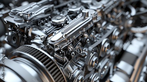 High-resolution 3D render of a car engine, components separated slightly to showcase the intricate internal mechanics and design precision.