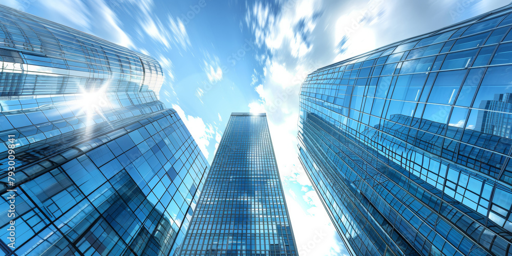 A city skyline with three tall buildings and a clear blue sky