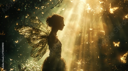 A beautiful fairy with golden wings stands in a sunlit forest, surrounded by butterflies and flowers.