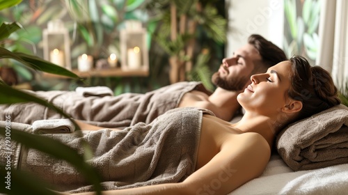 Relaxed couple enjoying spa day with candles and greenery