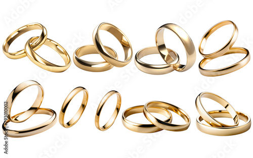 set of gold rings closeup on a transparent background