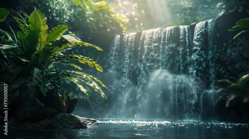 A beautiful waterfall in the jungle  with bright green plants and sunlight shining through the trees.