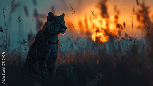 A beautiful wild cat sits in a tall grass field at sunset.