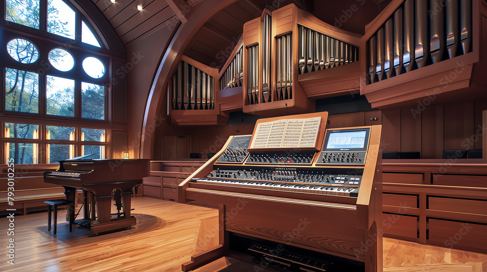 Innovative hybrid organ featuring both traditional pipes and digital enhancements, set in an academic setting for music technology research. Innovative hybrid organ featuring both traditional pipes and digital enhancements, set in an academic setting for music technology research.