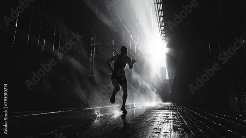 A black and white photo of a man running in the rain.