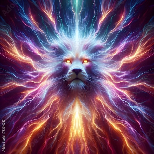 A striking and vibrant display of electrical plasma that coalesces into an awe-inspiring, otherworldly strong lion. The lion's ethereal form emanates a mesmerizing energy that captivates the viewer photo