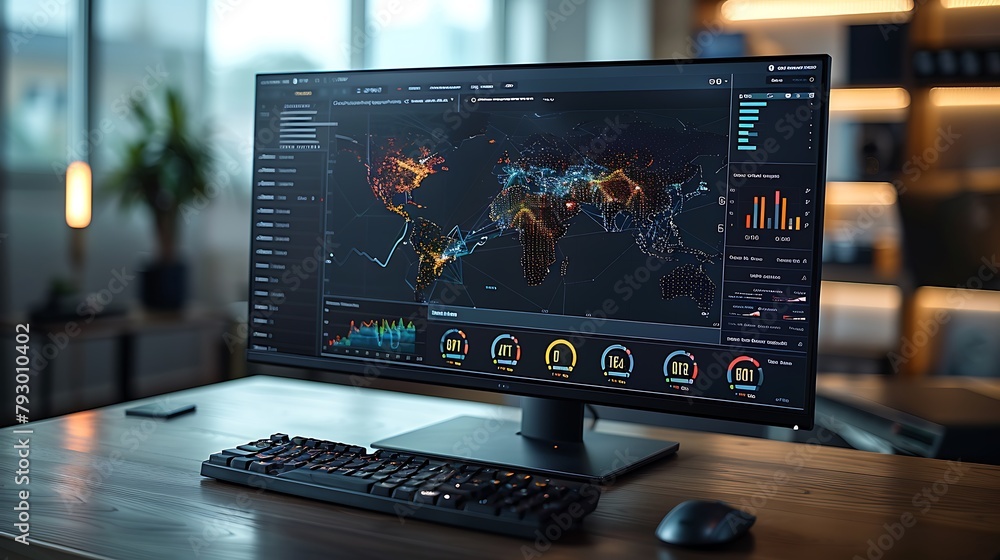 Visualize a PC monitor in a corporate IT department, displaying an advanced network monitoring interface. Visualize a PC monitor in a corporate IT department, displaying an advanced network monitoring interface.