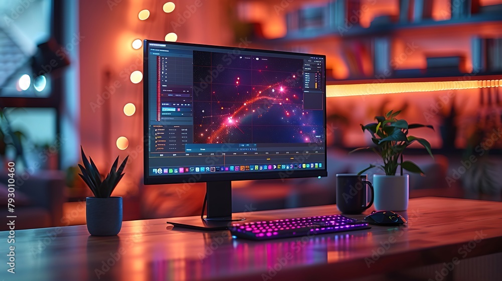 Visualize a PC monitor in a creative studio setting, displaying a ...