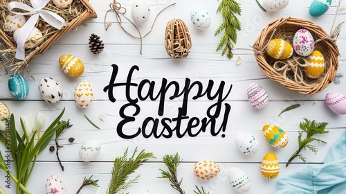 A basket of Easter eggs and a basket of pine cones are on a table