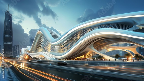 A futuristic transportation hub with sweeping lines and hightech materials, serving as a gateway to a modern city photo