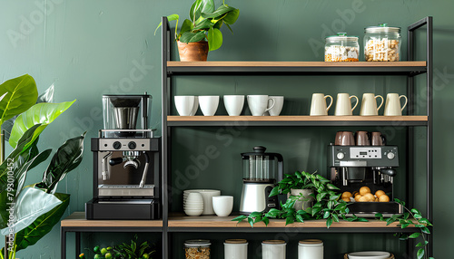 Shelving unit with modern coffee machine, cups and snacks near green wall