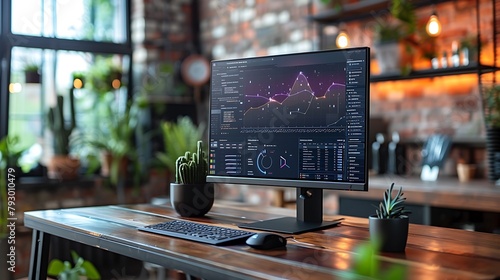 Visualize a PC monitor in a creative studio setting, displaying a dynamic project management dashboard that combines a Gantt chart with real-time team collaboration features. photo
