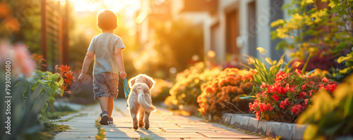 Little boy walking with his puppy outdoors. Friendship and domestic animal concept.