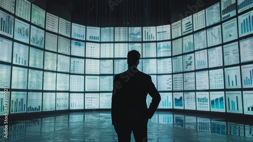 A businessman standing in front of a large video wall displaying stock market data.