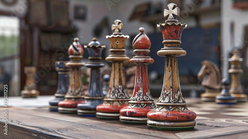 Chess pieces as hobby tools in a grand war strategy game, detailed, realistic artwork