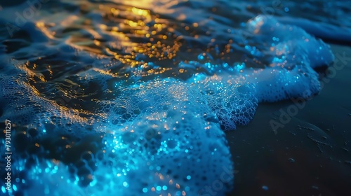 Closeup of bioluminescent algae, glowing naturally, mystical and serene