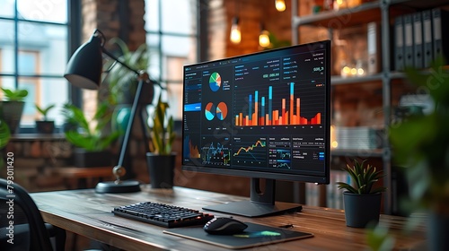 Create a high-resolution image of a PC monitor in an educational analyst's office, displaying vibrant charts and graphs of student test scores across various subjects.