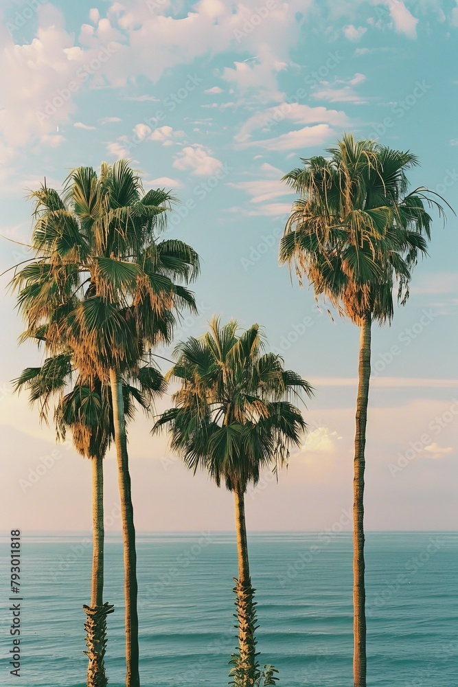 Three palm trees are standing in front of the ocean