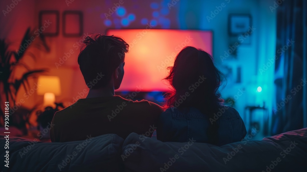 A couple is sitting on a couch in a dark room watching TV.