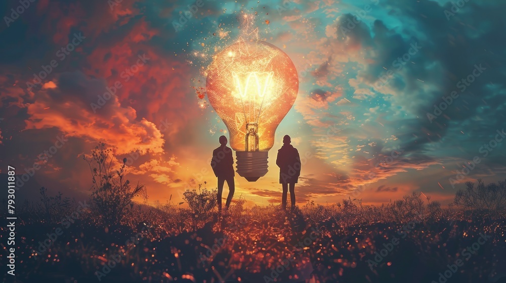 A couple standing in a field of flowers looking at a giant light bulb in the sky. - obrazy, fototapety, plakaty 