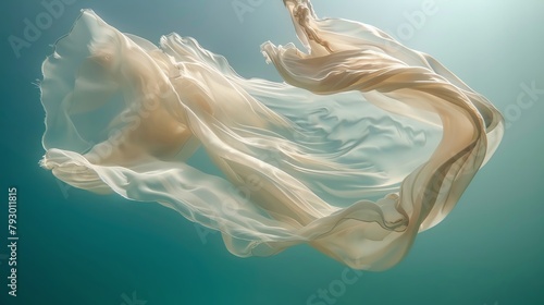 Flowing fabric underwater, creating natural and flowing forms, serene and graceful