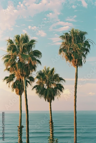 Three palm trees are standing in front of the ocean