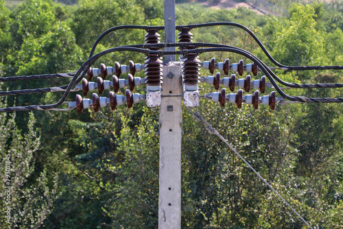 Insulators on electric poles are devices used to support wires. and prevent electrical leakage