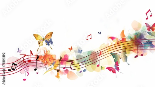 Horizontal AI illustration watercolor musical notes and butterflies. Concept graphic resources.