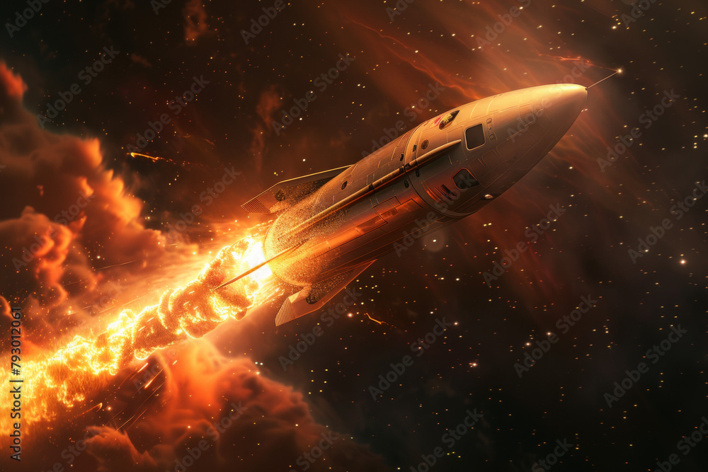 Powerful launch of a sleek rocket ship against a backdrop of a deep, star-studded cosmos. Flames engulf the base of the spacecraft as it propels upward Powerful launch of a sleek rocket ship against a backdrop of a deep, star-studded cosmos. Flames engulf the base of the spacecraft as it propels upward