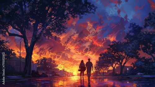 A couple walking down a wet street at sunset.