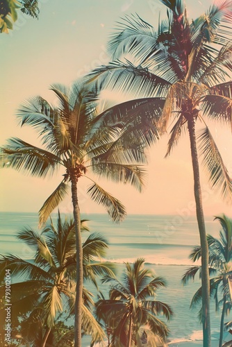 A beautiful tropical scene with palm trees and ocean