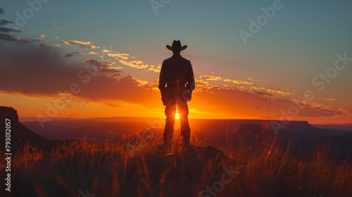 A cowboy standing on a hilltop at sunset.