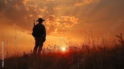 A cowboy standing on a hilltop at sunset, looking out over a vast field of wheat.