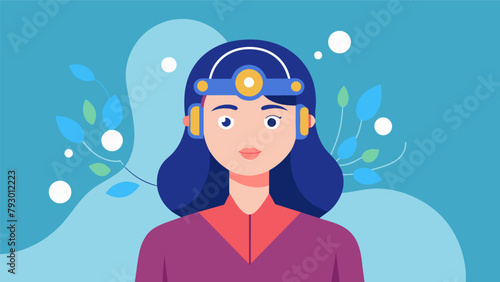 A woman using a wearable neurotech device to track her stress levels and prevent anxiety attacks..