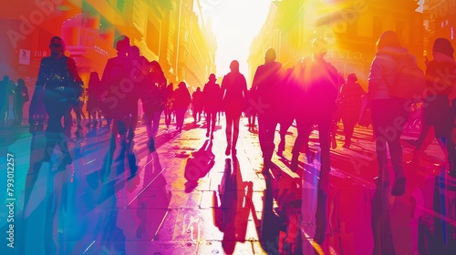 A crowd of people walking on a busy street with a bright sun in the background