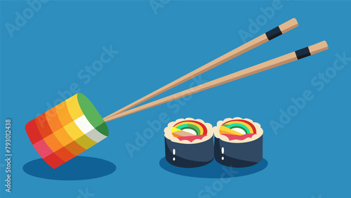 A pair of chopsticks delicately picking up a colorful rainbow sushi roll revealing perfectly aligned layers of rice fish and vegetables..