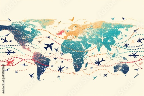 Watercolor drawn seamless airplanes routes over globe earth  concept of travel around the world  