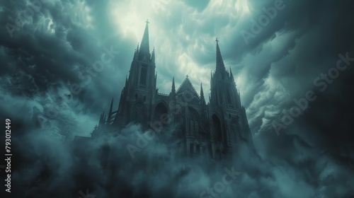 A dark and stormy night. A large gothic cathedral is in the distance. The sky is dark and cloudy.
